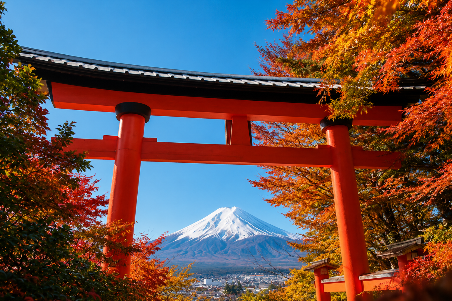 米国市場への進出を検討する日本企業・ブランドを象徴する、紅葉と鳥居越しの富士山